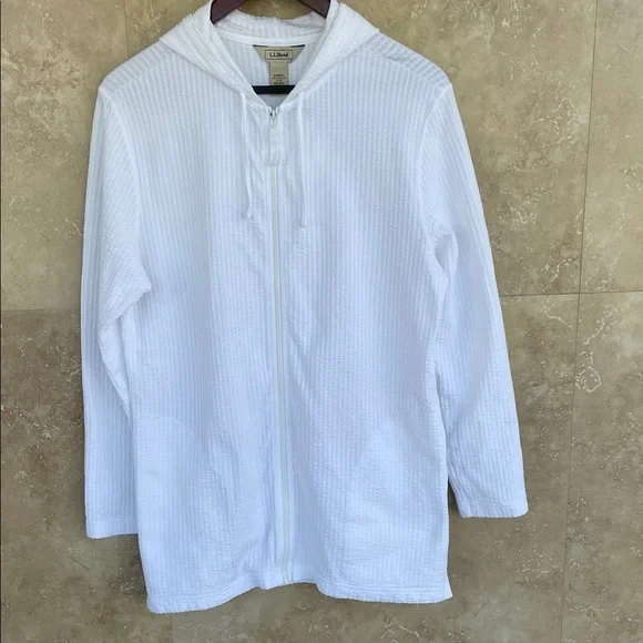 L.L. Bean White Waffle Knit Zip Hoodie 100% Peruvian Cotton Medium Women’s - Picture 2 of 10